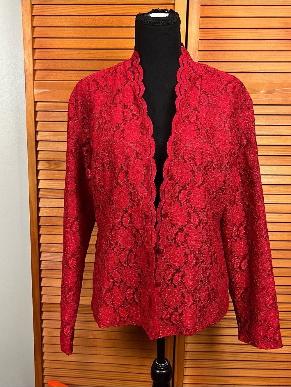 Karen Scott Red Lace Button Down Petite Jacket